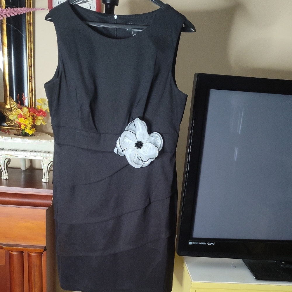 Dressbarn Tier Ruffles Black Dress with Floral Accent Size 16